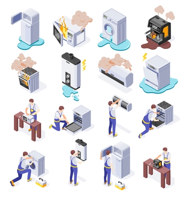 Isometric icons set with broken appliances and men from home repair service isolated on white background 3d vector illustration