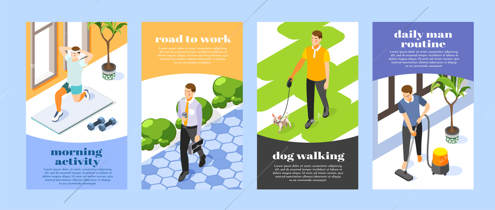 Daily routine isometric banners set with man exercising going to work working with dog and vacuuming 3d isolated vector illustration