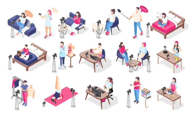 Isometric icons set with bloggers and vloggers taking videos in different situations isolated on white background 3d vector illustration