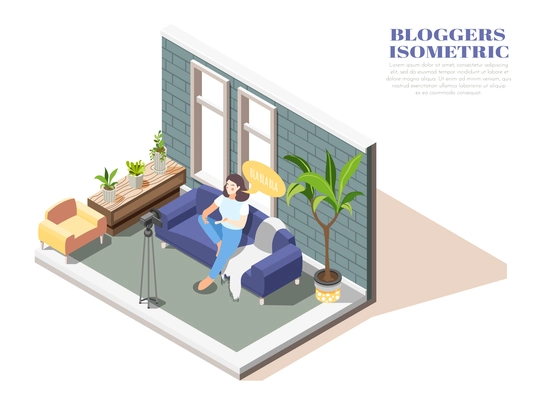 Vlogger sitting on sofa recording video with camera isometric composition 3d vector illustration