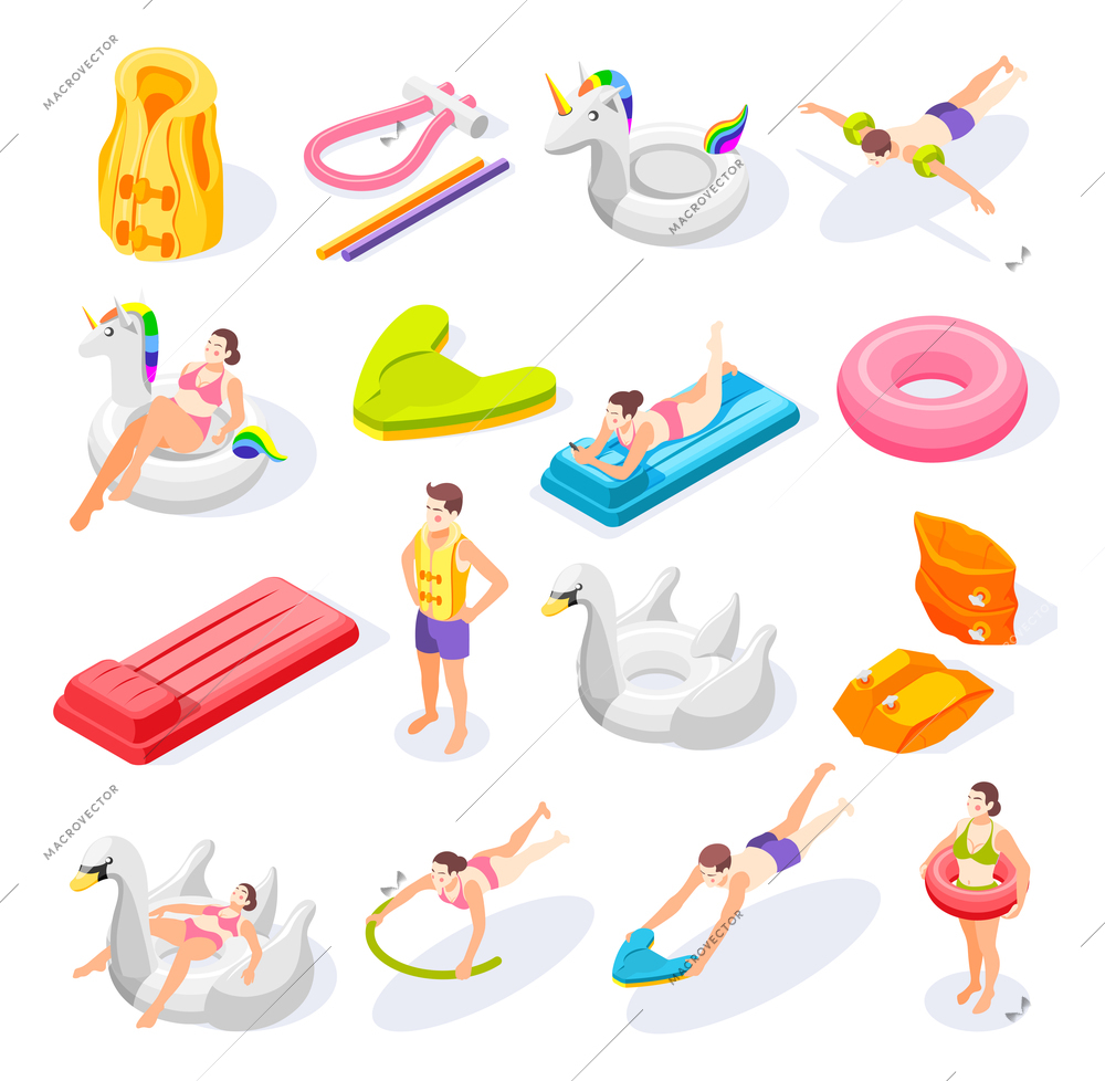 Isometric icons set with swimming aids and people using various colorful equipment 3d isolated vector illustration