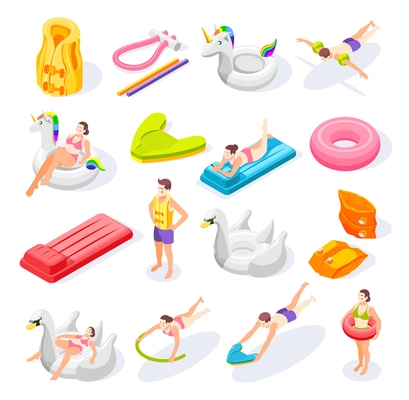 Isometric icons set with swimming aids and people using various colorful equipment 3d isolated vector illustration