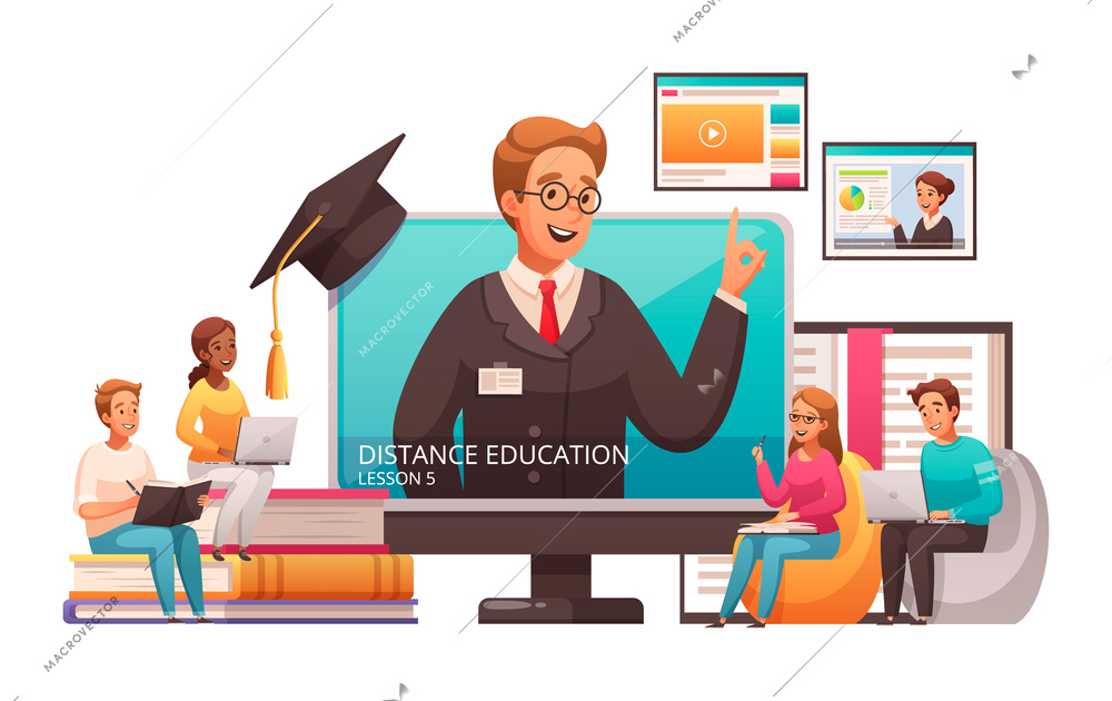 Distant learning online education lessons advertising cartoon composition with popping out screen tutor graduation cap vector illustration