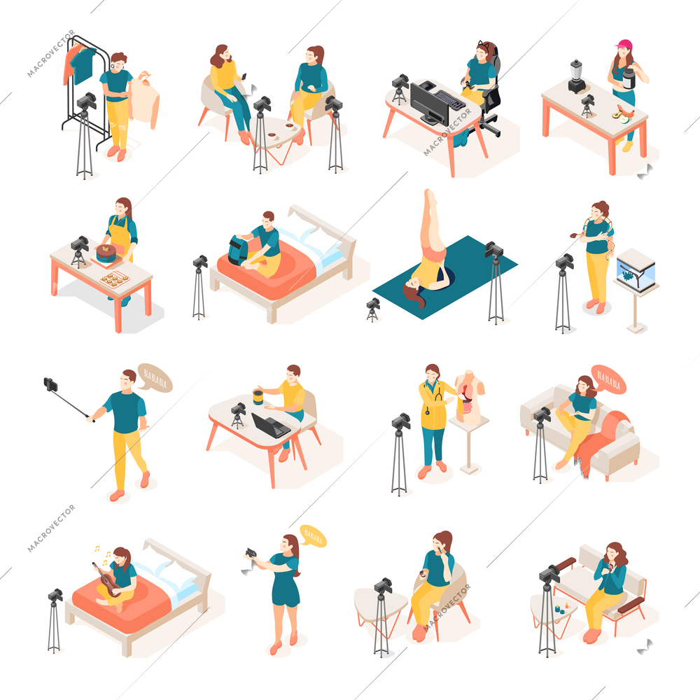 Vloggers and bloggers shooting videos about fashion pets health cooking make up sport isometric icons set 3d vector illustration