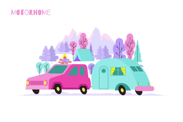 Motorhome car flat composition with outdoor scenery and images of car with camper van with text vector illustration