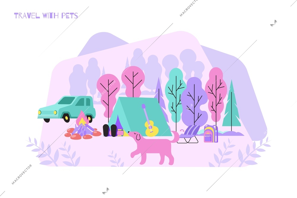 Camp pets flat composition with text and outdoor camping scenery with tent campfire and walking dog vector illustration