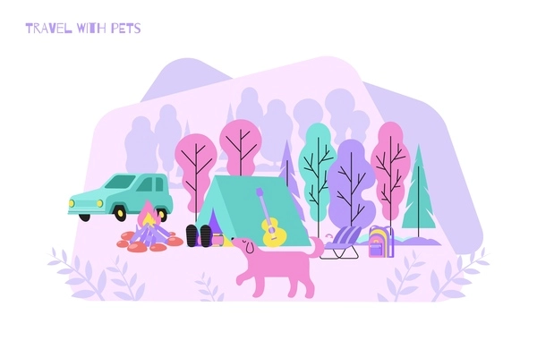 Camp pets flat composition with text and outdoor camping scenery with tent campfire and walking dog vector illustration