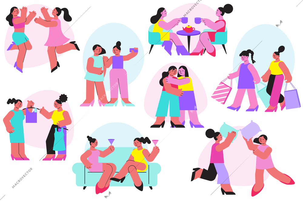 Friend girl woman set of flat isolated icons with female human characters in different life situations vector illustration