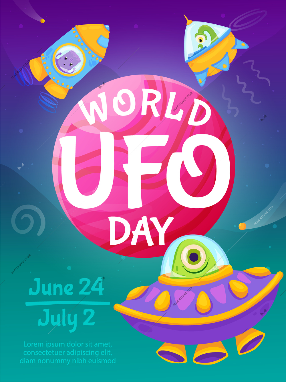 World UFO day cartoon poster with earth planet and unidentified flying objects vector illustration