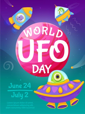 World UFO day cartoon poster with earth planet and unidentified flying objects vector illustration