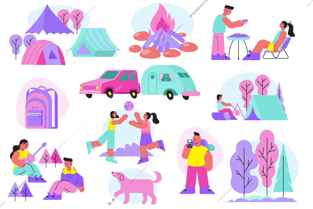 Camping flat set with isolated icons human characters and images of camping life with tents trees vector illustration