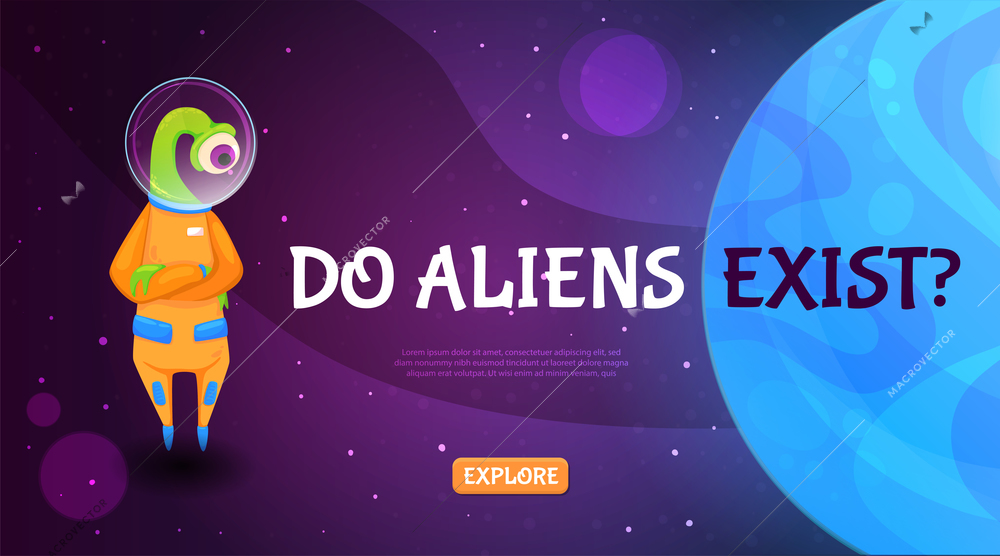 Do aliens exist horizontal banner with cute cartoon creature and question text at space background vector illustration