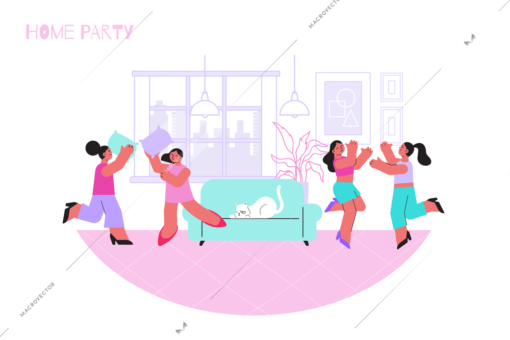 Pajama party flat composition with home scenery and dancing people in pajamas with sofa and cat vector illustration