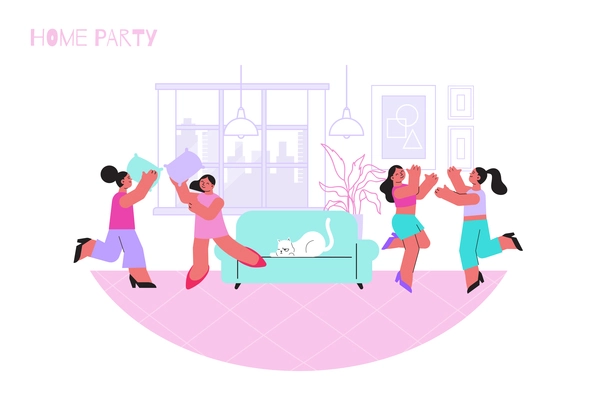 Pajama party flat composition with home scenery and dancing people in pajamas with sofa and cat vector illustration