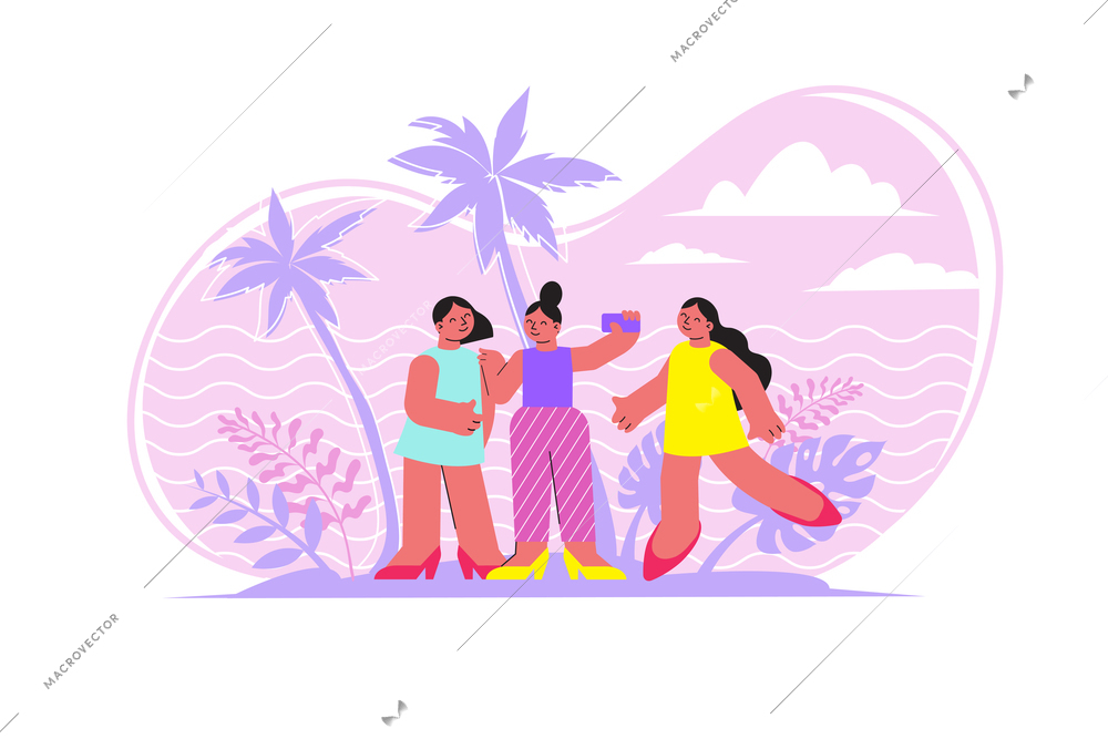 Friend woman flat composition with outdoor scenery and three fellow women taking selfie in the woods vector illustration