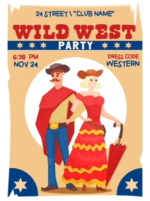 Wild west party advertising poster layout with event date club name and western dress code vintage vector illustration