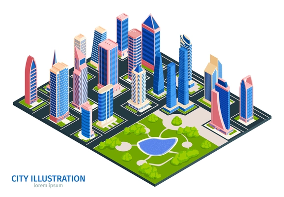 Isometric city composition with text and square urban block with park surrounded by tall buildings skyscrapers vector illustration