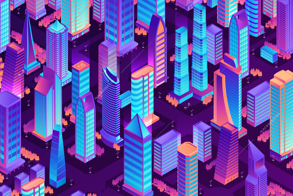 Isometric city night composition with view of neon colored city bird-eye view with tall houses vector illustration