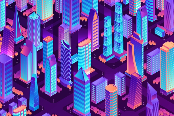 Isometric city night composition with view of neon colored city bird-eye view with tall houses vector illustration