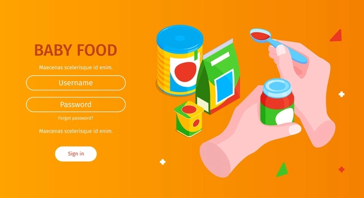 Isometric baby food horizontal banner with sign in fields text and hands with spoon and cans vector illustration