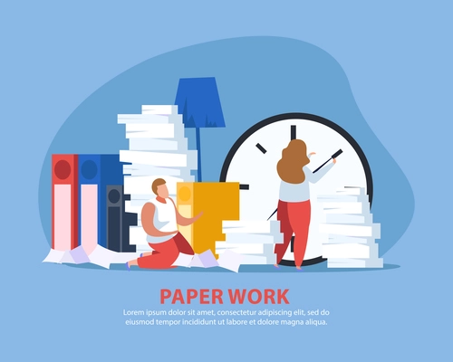 People tired from paperwork flat background with doodle characters of people beyond huge piles of paper vector illustration
