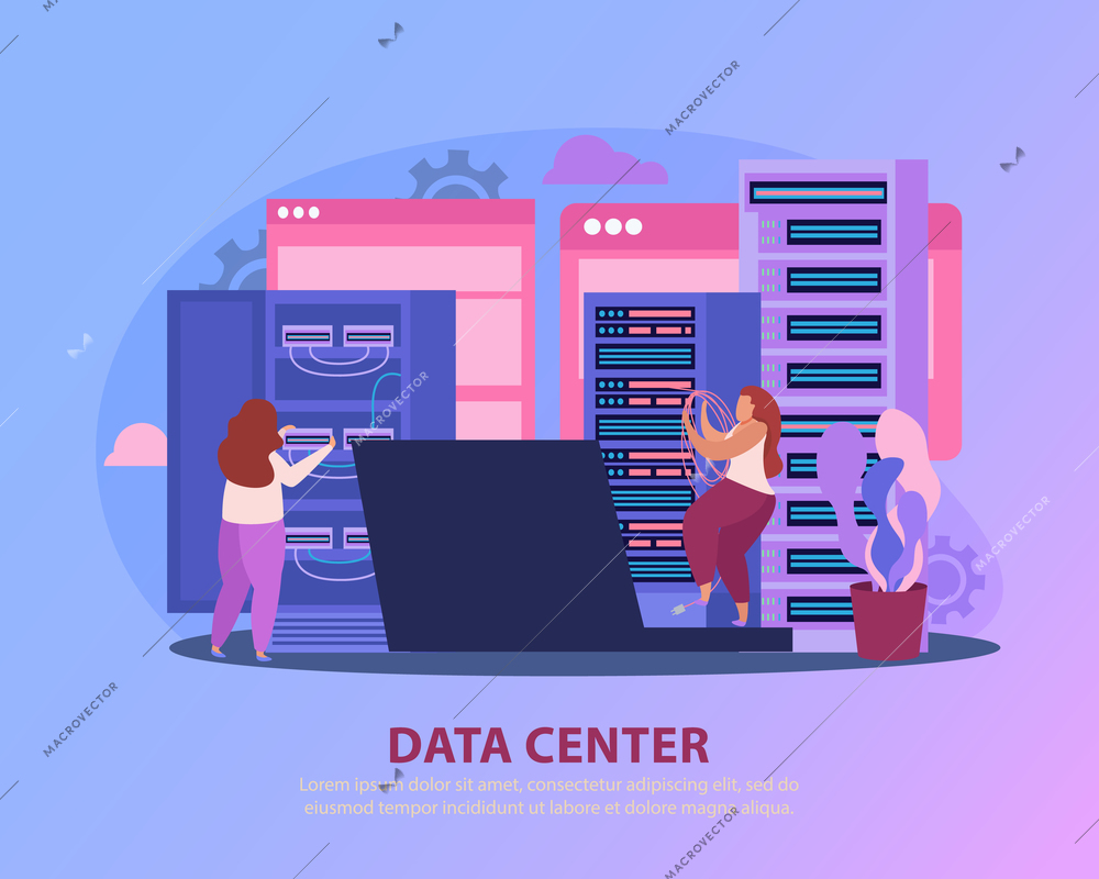 System administrator flat background with images of server racks operated by female characters with editable text vector illustration