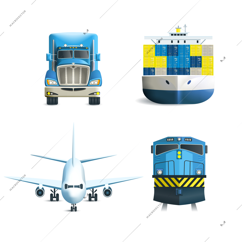 Logistic realistic icons set of truck airplane train ship transport isolated vector illustration.