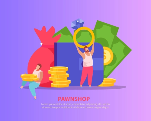 Pawnshop flat background with people holding valuable belongings and golden coins with cash banknotes and text vector illustration