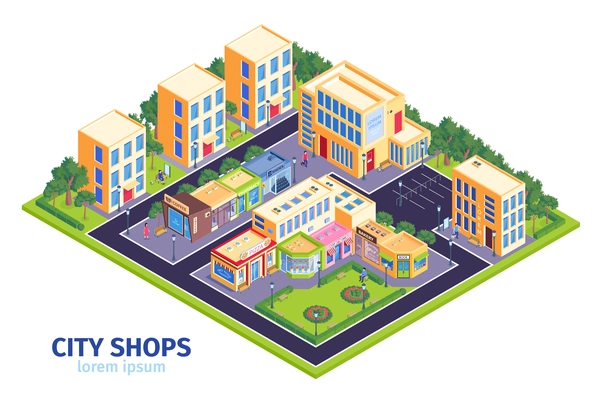 Isometric shops city composition with view of town district and modern buildings houses with street stores vector illustration