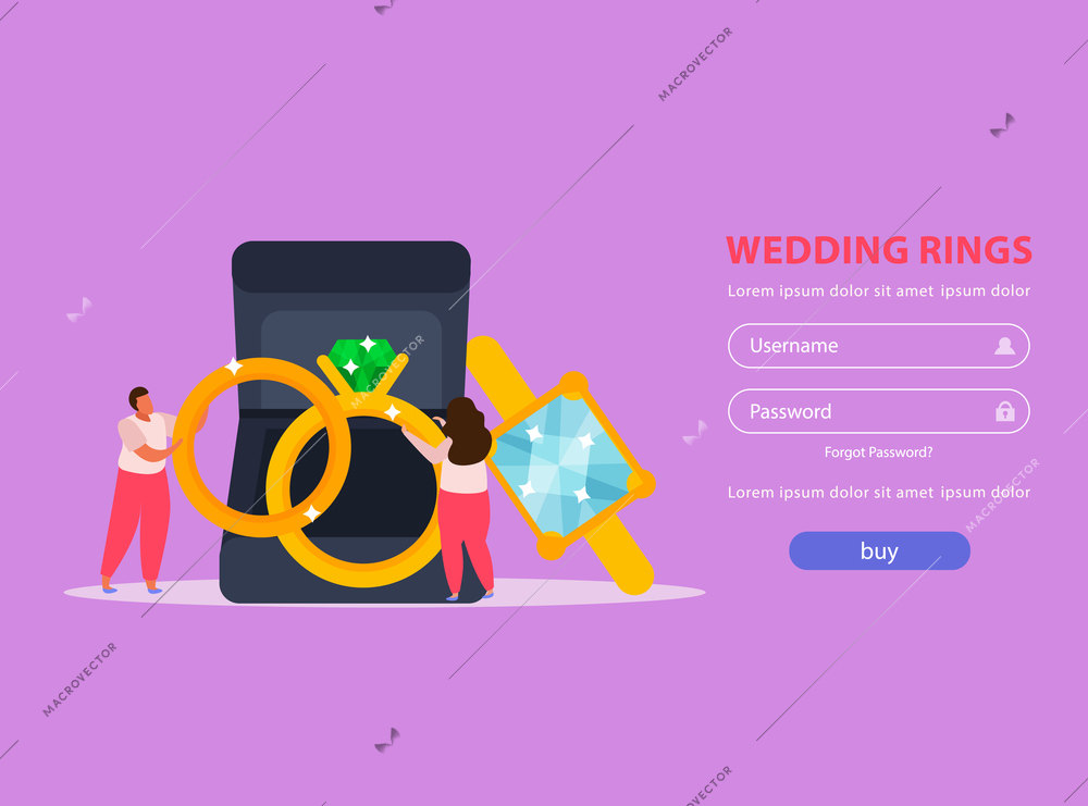 Jewelry flat background with sign in fields buy button and images of wedding rings with people vector illustration
