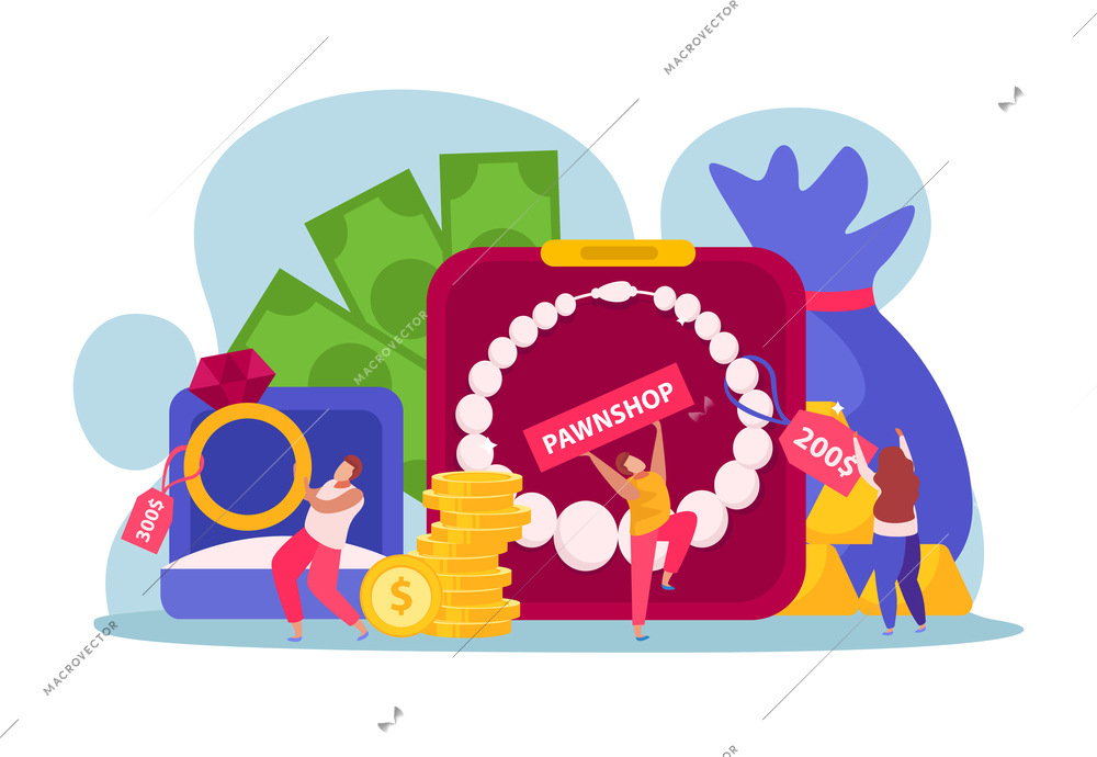 Pawnshop flat composition with characters of happy people near money banknotes and coins with jewelry items vector illustration