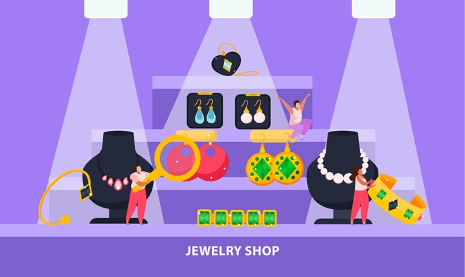 Jewelry flat composition with view of shop display with valuable goods for sale and editable text vector illustration