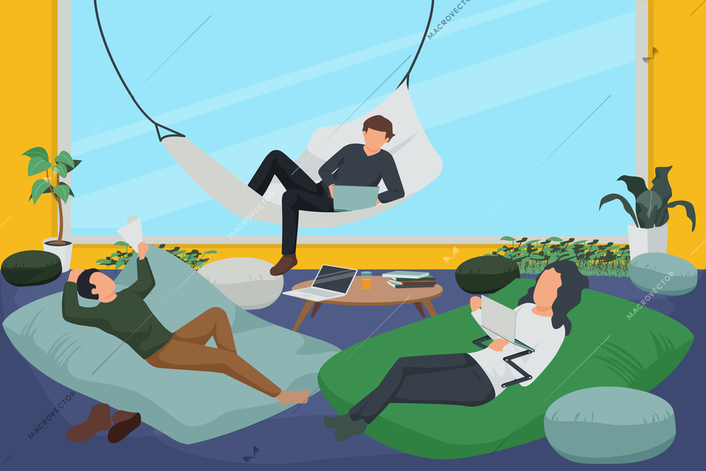 Contemporary workspace composition with employees lying on comfortable furniture and hammock in office flat vector illustration