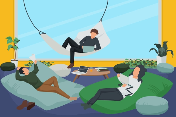 Contemporary workspace composition with employees lying on comfortable furniture and hammock in office flat vector illustration