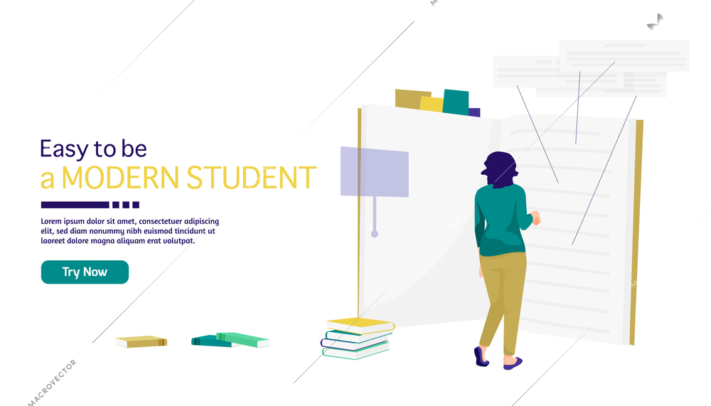 Modern students flat background with woman books and text field vector illustration