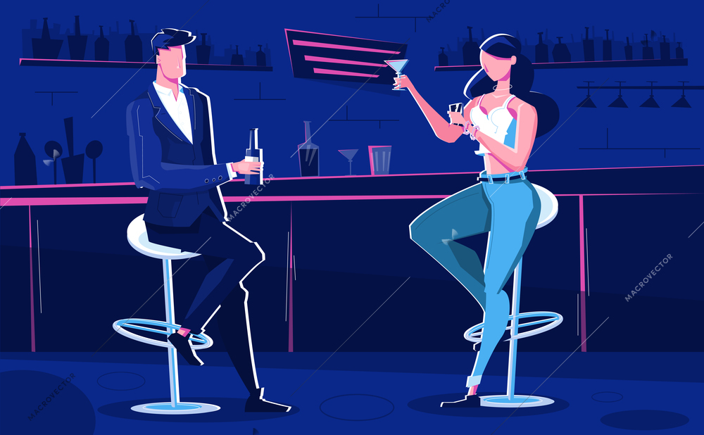 Night club bar flat composition with indoor scenery and people sitting at bar stands drinking alcohol vector illustration