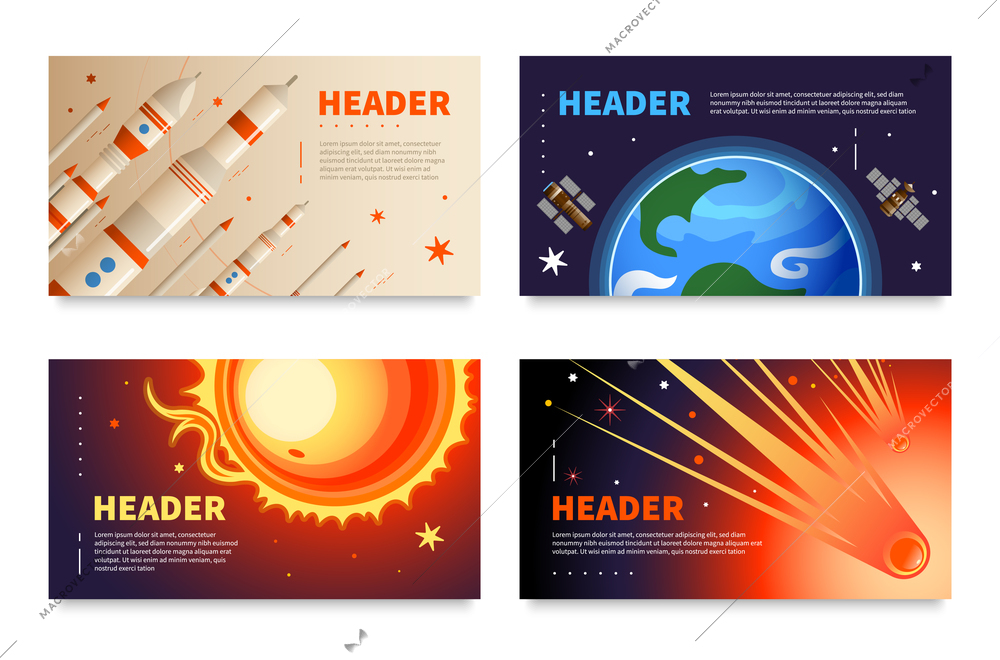 Set of four horizontal space banners with editable header text and images of planets and rockets vector illustration