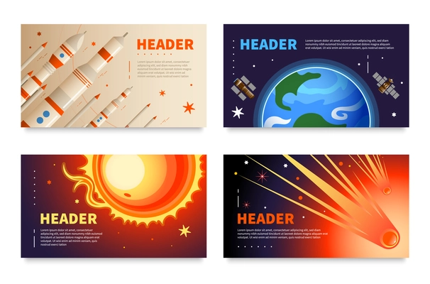 Set of four horizontal space banners with editable header text and images of planets and rockets vector illustration