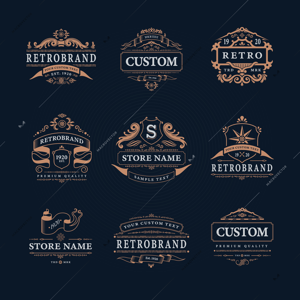 Retro vintage design emblems luxury logos collection with isolated logotypes of classic store names with decorations vector illustration