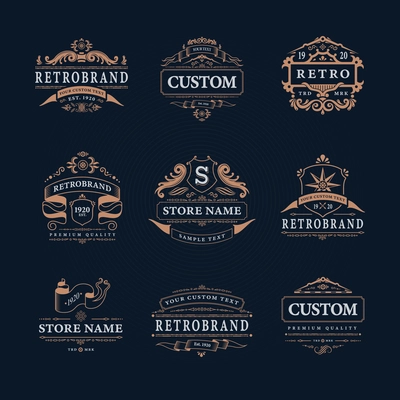 Retro vintage design emblems luxury logos collection with isolated logotypes of classic store names with decorations vector illustration