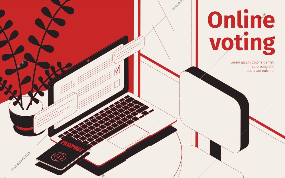 Online voting isometric background with view of workspace with laptop election website passport and editable text vector illustration