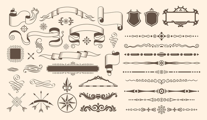 Retro vintage design set with isolated elements and art decoration pieces for ancient books and maps vector illustration