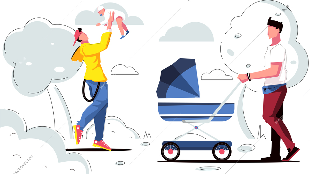 Dad pram flat composition with outdoor scenery and fathers walking with their kids with baby strollers vector illustration