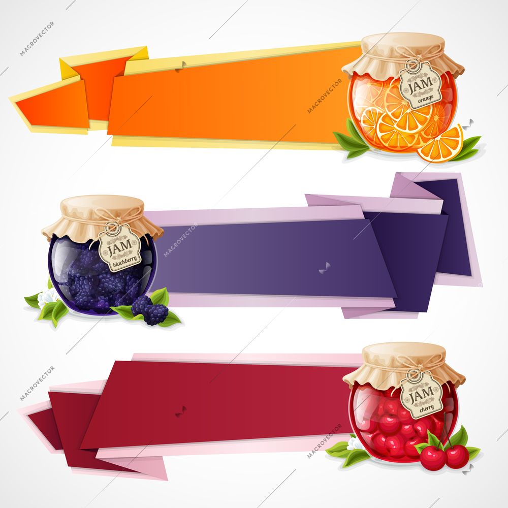 Natural organic fruit and berry jam in glass jar horizontal origami paper banners set isolated vector illustration