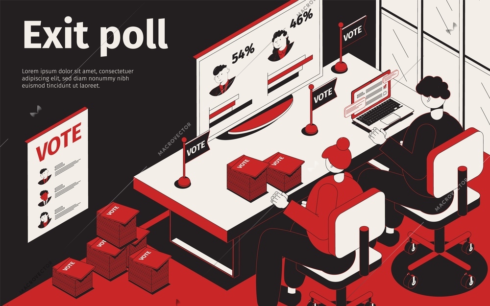 Exit poll isometric background with view of office and worker characters analyzing data with editable text vector illustration