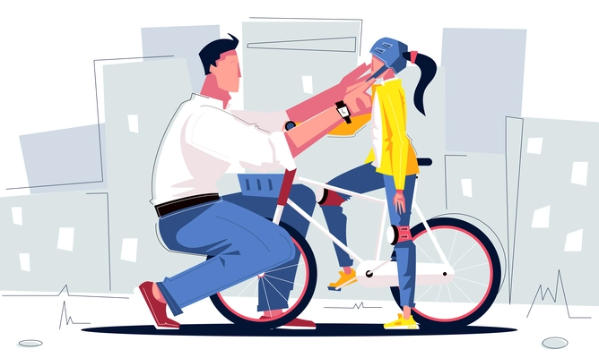 Dad bike composition with flat cityscape background and father settling cycle helmet on daughter with bicycle vector illustration