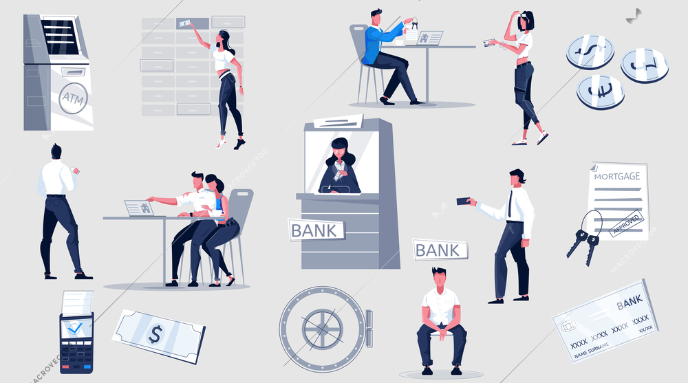 Bank set with flat icons of money credit cards terminals and characters of clerks and clients vector illustration