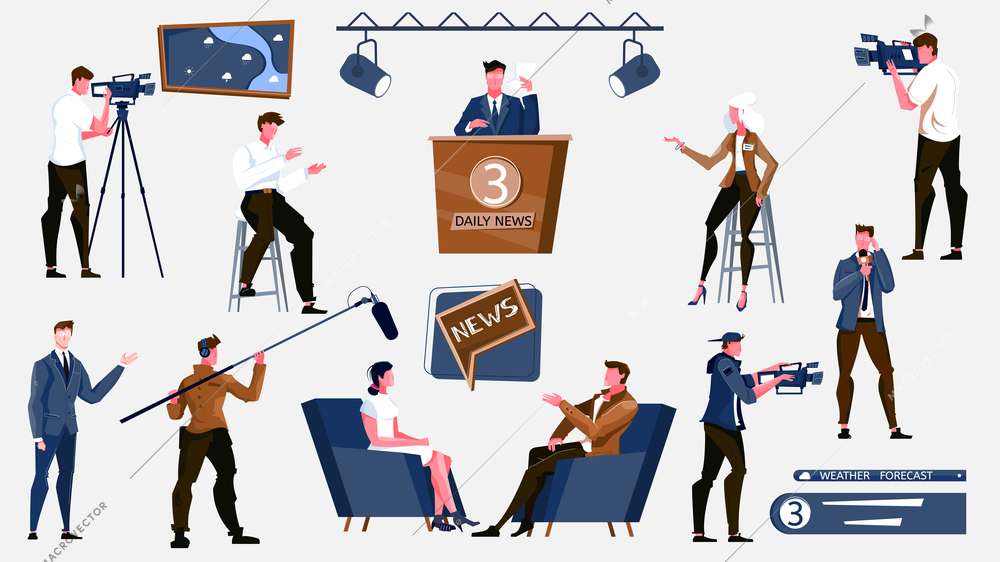 Set with isolated tv news flat icons with light equipment cameras and human characters of workers vector illustration