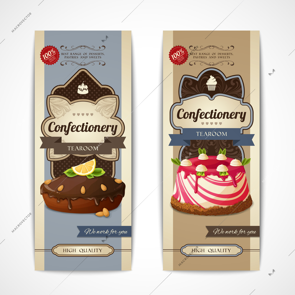 Decorative sweets vertical retro banners collection with chocolate cake and pudding isolated vector illustration