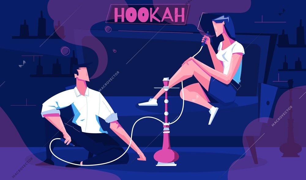 Night club hookah composition with text and flat human characters of visitors on sofa smoking shisha vector illustration